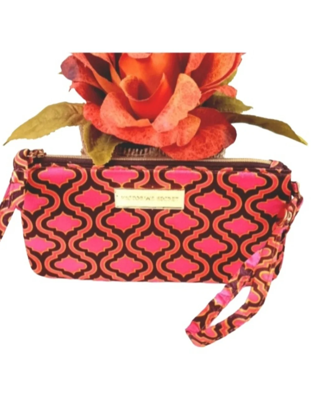 Victoria's Secret Wristlet | EUC | Pink, Brown & Yellow | Goldtone Hardward